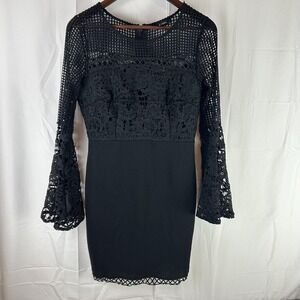 Soieblu Dress Womens Medium‎ Black Lace Bell Sleeve Bodycon Mini S17023